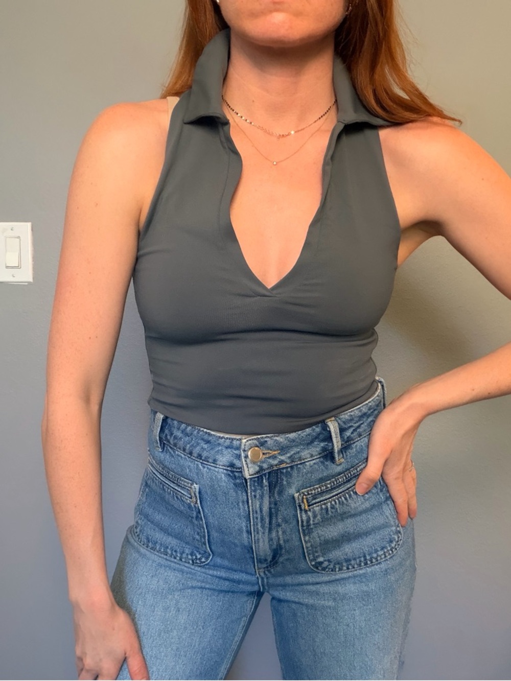 Babaton Sleeveless Collared V-Neck Tank Top - Charcoal